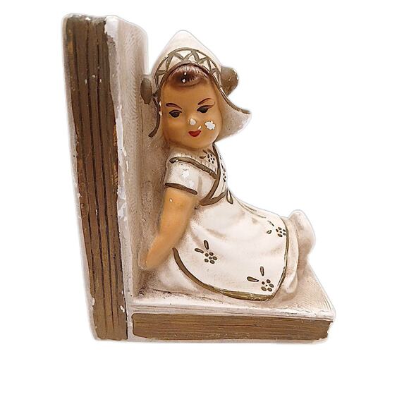 Bookend Set Dutch Boy & Girl Sitting on Books Ceramic Chalkware Nursery Children - Picture 5 of 12